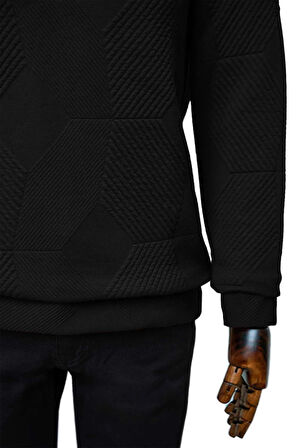 Süvari Bol Kesim O Yaka Kapitone Etnik Desenli Siyah Sweatshirt