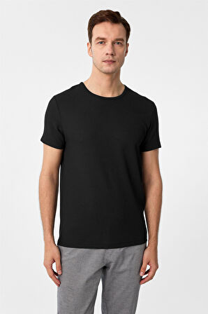 Siyah Slim Fit Armürlü Bisiklet Yaka Tişört