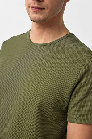 Haki Slim Fit Armürlü Bisiklet Yaka Tişört