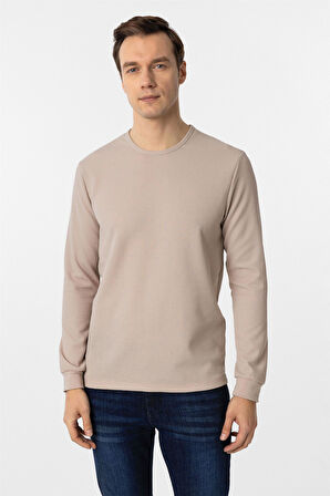 Ekru Slim Fit Armürlü Bisiklet Yaka Sweatshirt