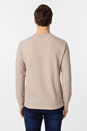 Ekru Slim Fit Armürlü Bisiklet Yaka Sweatshirt