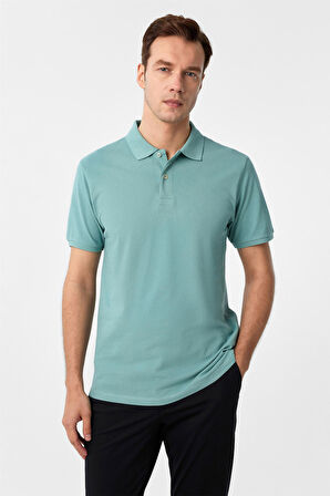 Su Yeşili Slim Fit Armürlü Polo Yaka Tişört