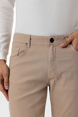 Bej Regular Armürlü Kanvas Pantolon