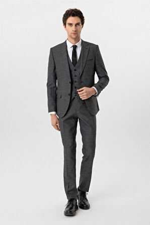 Siyah Slim Fit Desenli Mono Yaka 6 Drop Yelekli Klasik Takım Elbise