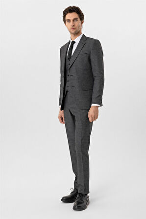 Siyah Slim Fit Desenli Mono Yaka 6 Drop Yelekli Klasik Takım Elbise