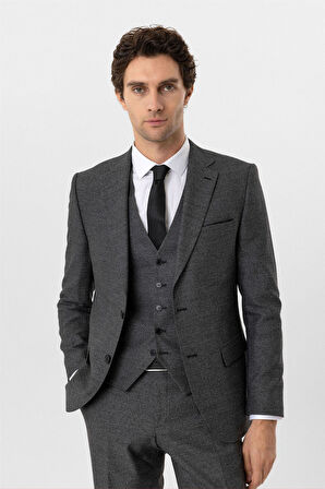 Siyah Slim Fit Desenli Mono Yaka 6 Drop Yelekli Klasik Takım Elbise