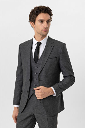 Siyah Slim Fit Desenli Mono Yaka 6 Drop Yelekli Klasik Takım Elbise