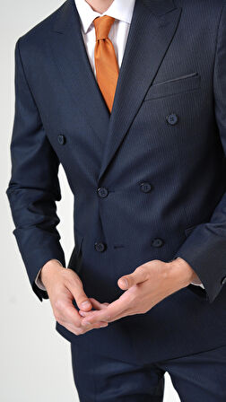 Lacivert Slim Fit Desenli Sivri Yaka 6 Drop Klasik Takım Elbise