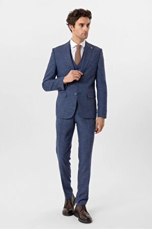 Slimfit Desenli Yelekli Takım Elbise