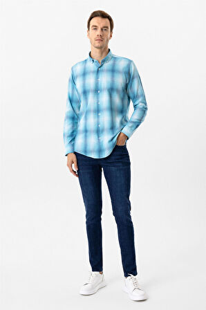 Turkuaz Slim Fit Desenli Düğmeli Yaka Gömlek