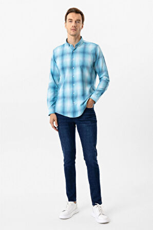 Turkuaz Slim Fit Desenli Düğmeli Yaka Gömlek