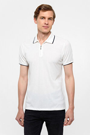 Beyaz Slim Fitilli Polo Yaka Tişört