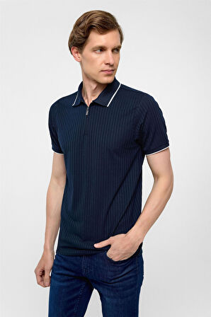 Lacivert Slim Fitilli Polo Yaka Tişört