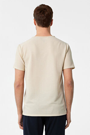 Ekru Slim Fit Armürlü Bisiklet Yaka Tişört