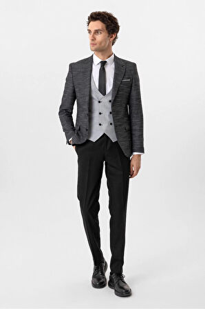 Slim Kalıp Desenli Yelekli Takım Elbise