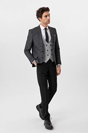 Slim Kalıp Desenli Yelekli Takım Elbise