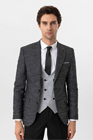 Slim Kalıp Desenli Yelekli Takım Elbise