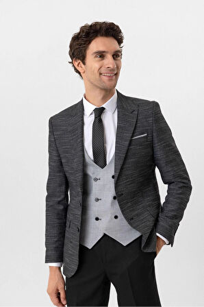 Slim Kalıp Desenli Yelekli Takım Elbise