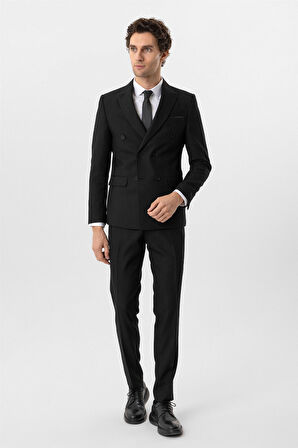 Siyah Slim Fit Armürlü Sivri Yaka 6 Drop Klasik Takım Elbise