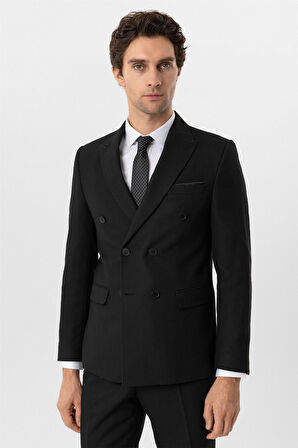 Siyah Slim Fit Armürlü Sivri Yaka 6 Drop Klasik Takım Elbise