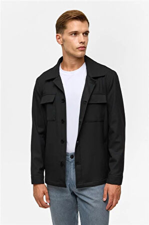 Siyah Slim Desenli Klasik Yaka Mont