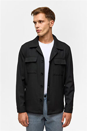 Siyah Slim Desenli Klasik Yaka Mont