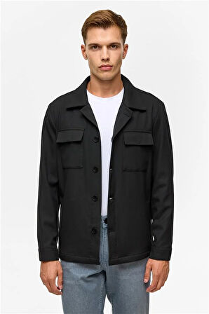 Siyah Slim Desenli Klasik Yaka Mont