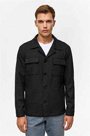 Siyah Slim Desenli Klasik Yaka Mont