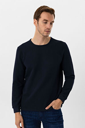 Lacivert Slim Fit Armürlü Bisiklet Yaka Triko Kazak