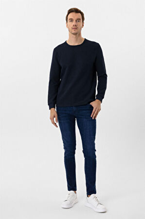 Lacivert Slim Fit Armürlü Bisiklet Yaka Triko Kazak