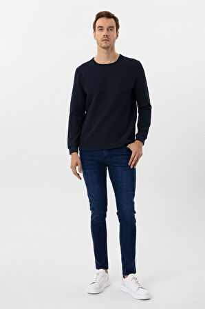 Lacivert Slim Fit Armürlü Bisiklet Yaka Triko Kazak