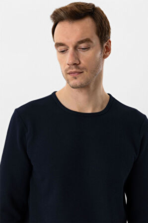 Lacivert Slim Fit Armürlü Bisiklet Yaka Triko Kazak