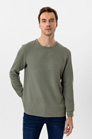 Yeşil Slim Fit Armürlü Bisiklet Yaka Triko Kazak