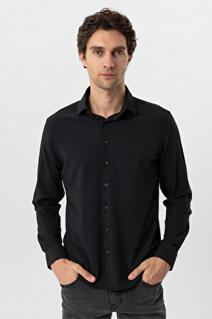 Siyah Slim Fit Düz Klasik Yaka Gömlek