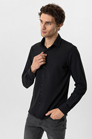 Siyah Slim Fit Düz Klasik Yaka Gömlek