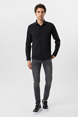 Siyah Slim Fit Düz Klasik Yaka Gömlek