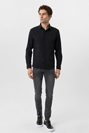 Siyah Slim Fit Düz Klasik Yaka Gömlek