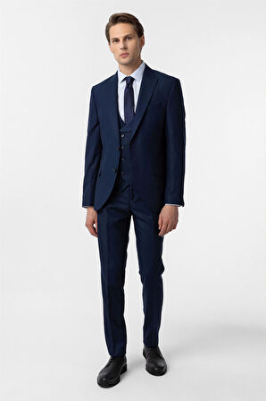 Lacivert Slim Fit Armürlü Sivri Yaka 6 Drop Yelekli Klasik Takım Elbise