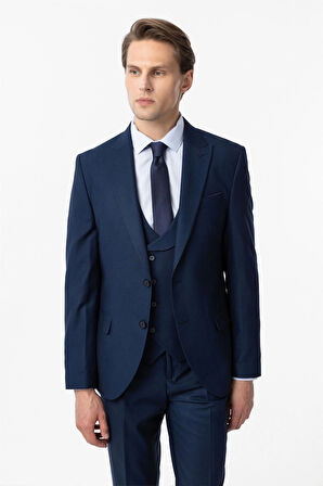 Lacivert Slim Fit Armürlü Sivri Yaka 6 Drop Yelekli Klasik Takım Elbise