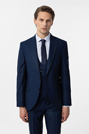 Lacivert Slim Fit Armürlü Sivri Yaka 6 Drop Yelekli Klasik Takım Elbise