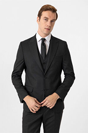 Siyah Slim Fit Armürlü Sivri Yaka 6 Drop Yelekli Klasik Takım Elbise