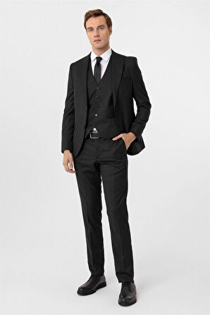 Siyah Slim Fit Armürlü Sivri Yaka 6 Drop Yelekli Klasik Takım Elbise
