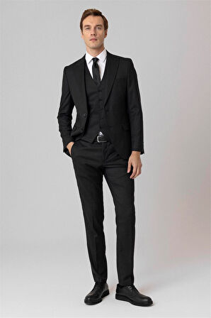 Siyah Slim Fit Armürlü Sivri Yaka 6 Drop Yelekli Klasik Takım Elbise