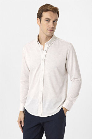 Ekru Slim Fit Armürlü Düğmeli Yaka Gömlek