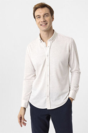 Ekru Slim Fit Armürlü Düğmeli Yaka Gömlek