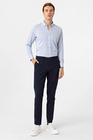 Saks Mavi Slim Fit Armürlü Düğmeli Yaka Gömlek
