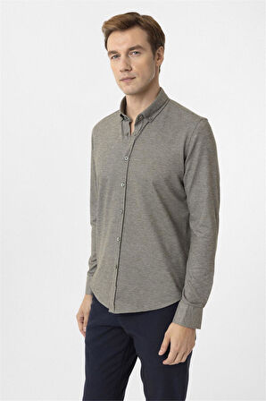 Haki Slim Fit Armürlü Düğmeli Yaka Gömlek