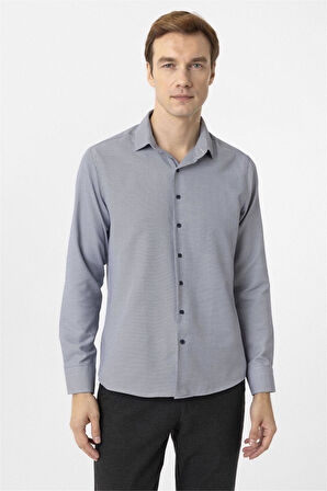 Lacivert Slim Fit Armürlü Klasik Yaka Gömlek