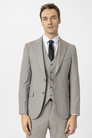 Ekru Slim Fit Desenli Sivri Yaka 6 Drop Yelekli Klasik Takım Elbise
