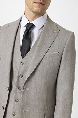 Ekru Slim Fit Desenli Sivri Yaka 6 Drop Yelekli Klasik Takım Elbise